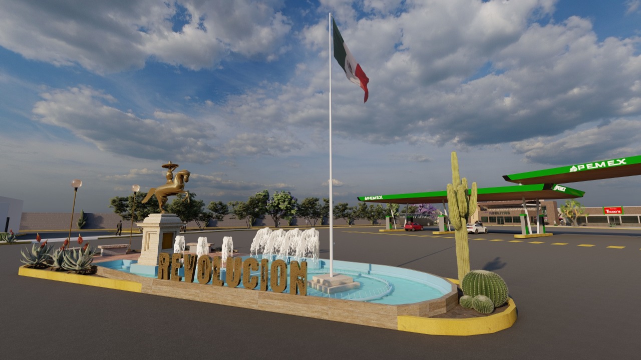 Render del monumento Revolución, asta bandera y estación de servicio del Parador