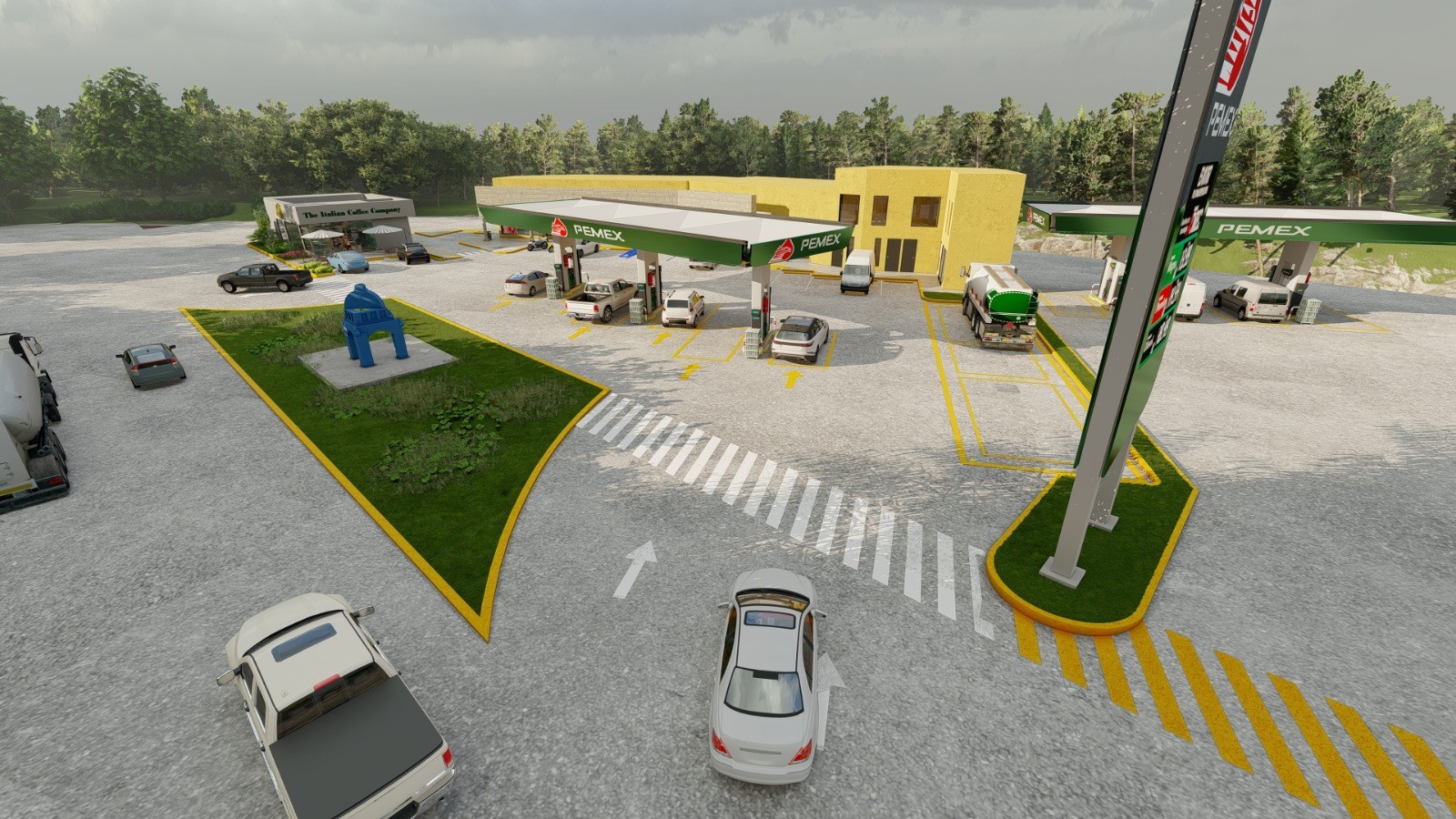Render: vista aérea de la estación de servicio y la cafetería