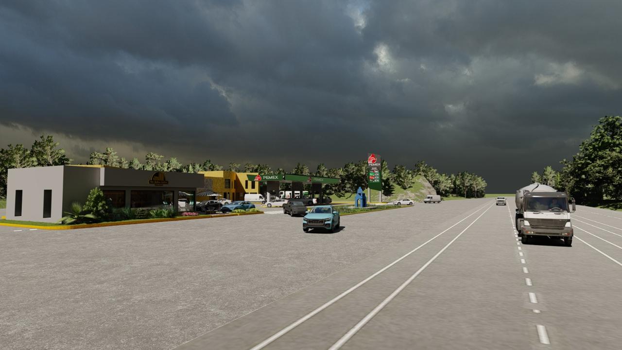 Render: cafetería y estación de servicio vistas desde la autopista