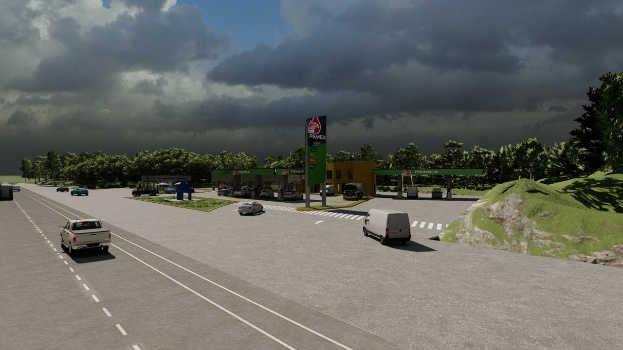 Render: parador visto desde la autopista